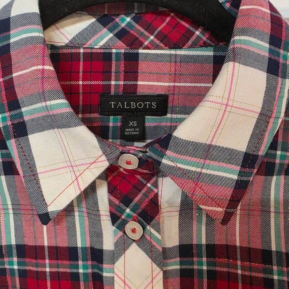 Talbots Women XS Plaid Button Up Shirt Long Sleeve Red Green Cream Gold Holiday - Picture 7 of 9